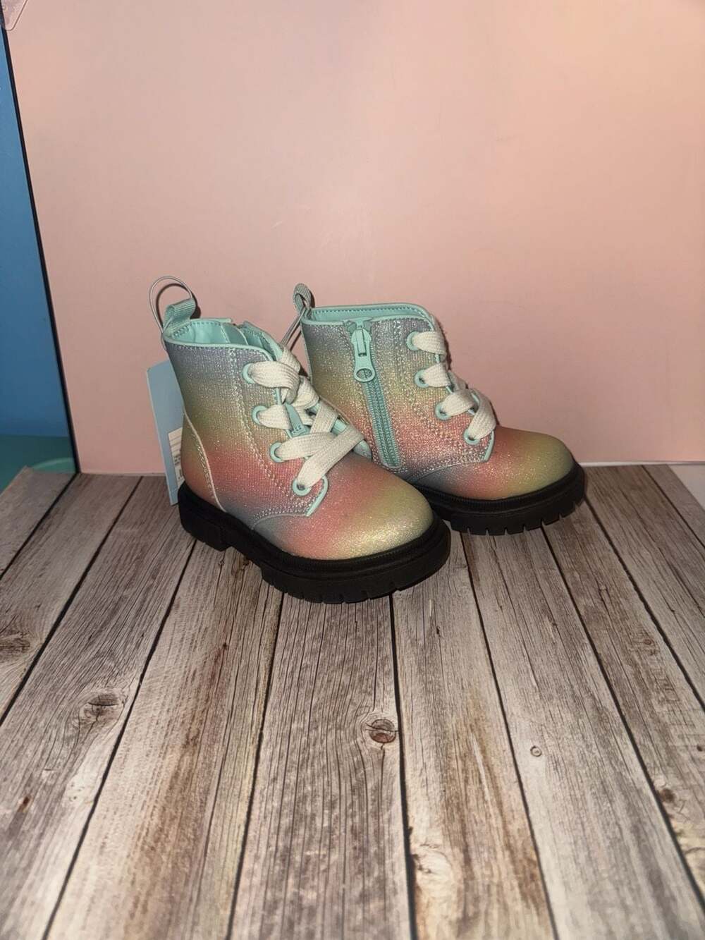 Cat & Jack Toddler Girls' Amaya Rainbow Glitter Combat Boots Size 6 - Picture 2 of 2